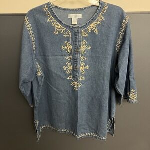 MAGGIE & MAX Womens XL Brown Embroidered  Blue Denim Tunic Jean Top